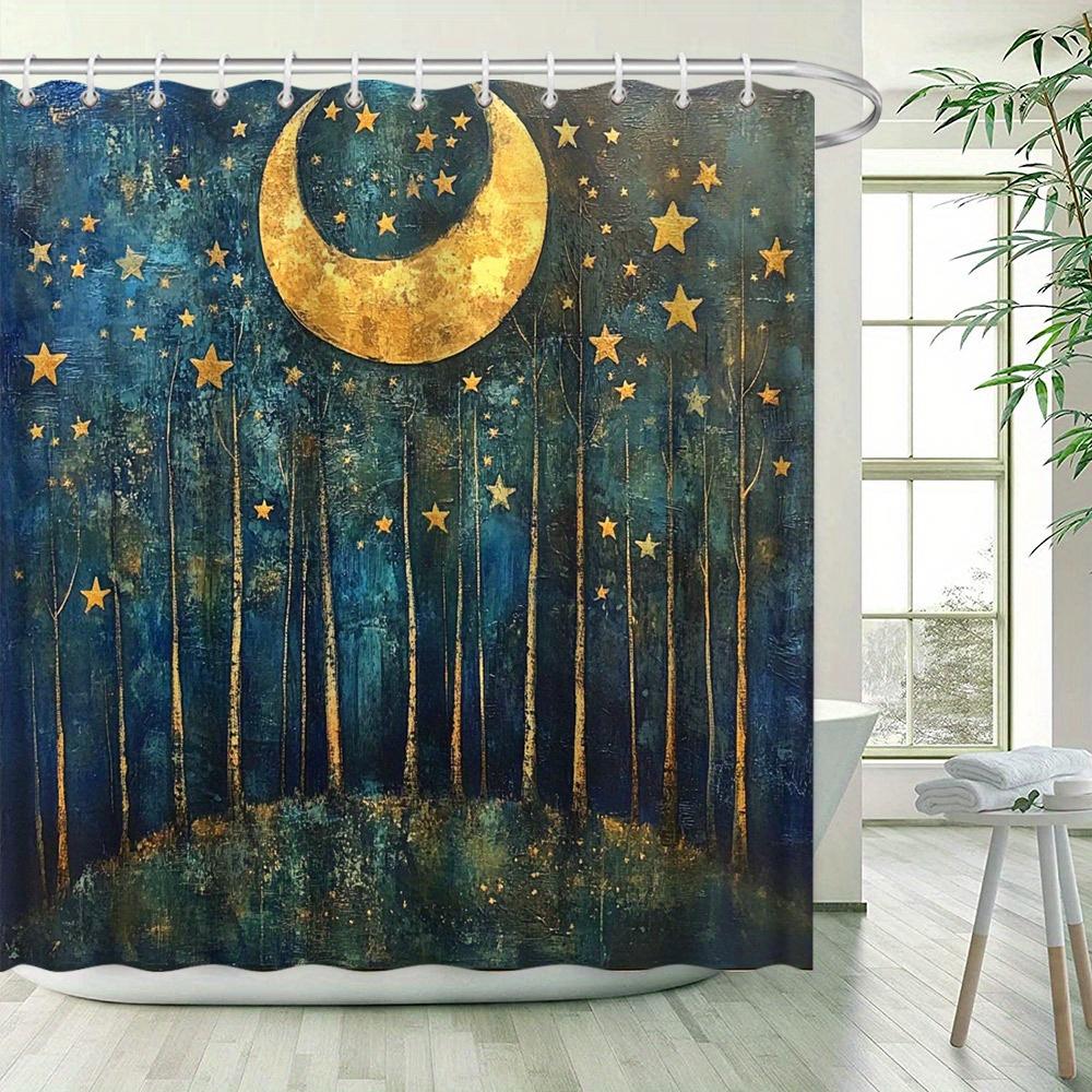 Mystical Forest Starry Night Shower Curtain - Golden Crescent Moon, Dreamy Polyester, Perfect for Bathroom or Patio Decor