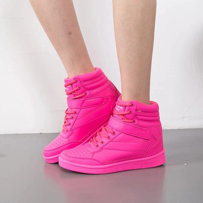 Fashion Brand Womens Breathable High Top Skateboard Shoes Casual Non-slip Sport Shoes Ladies Platform Hidden Increasing Leather Sneakers
