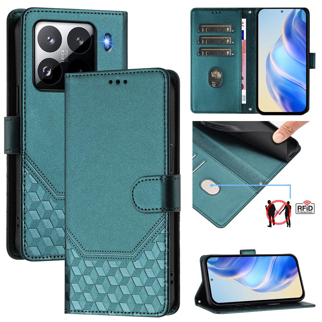 For Xiaomi 15 Pro Case Imprinted Honeycomb RFID Blocking Leather Phone Cover with Strap