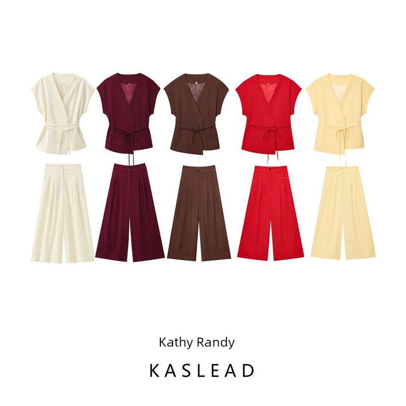 Kaslead New Arrival Women's Fashion Style Blended Double Breasted Vest Casual Pants 8056586 2365586