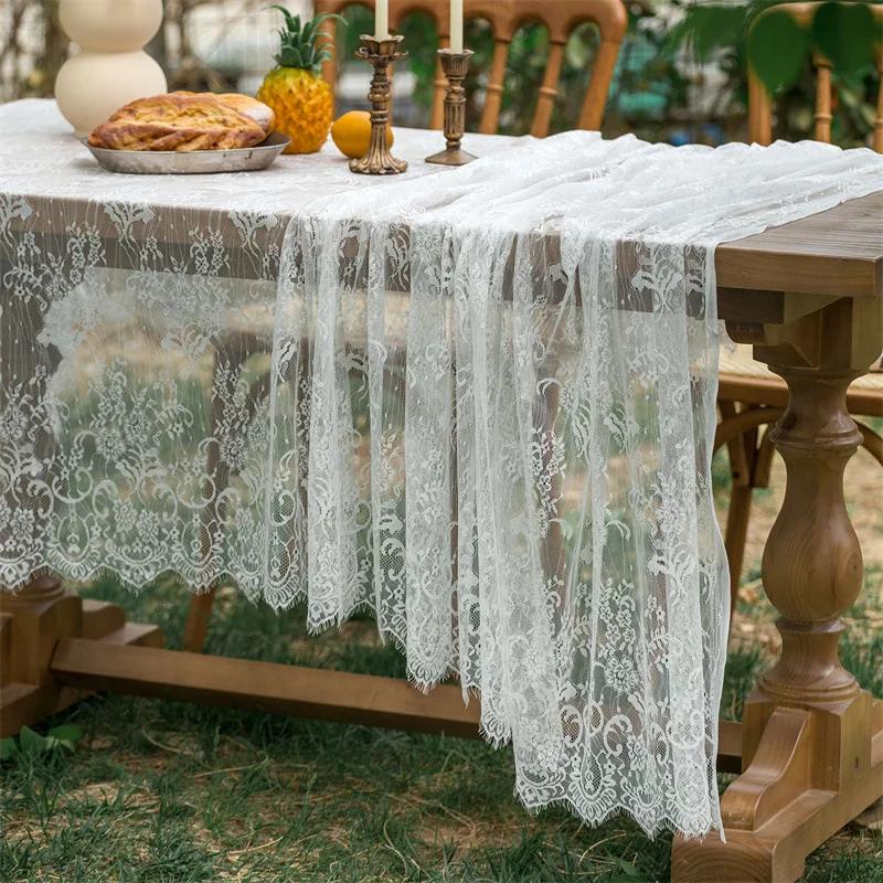 Lace Table Runner and White Party Tablecloth for Wedding Decoration, Summer Picnics, Valentine's Day Decor