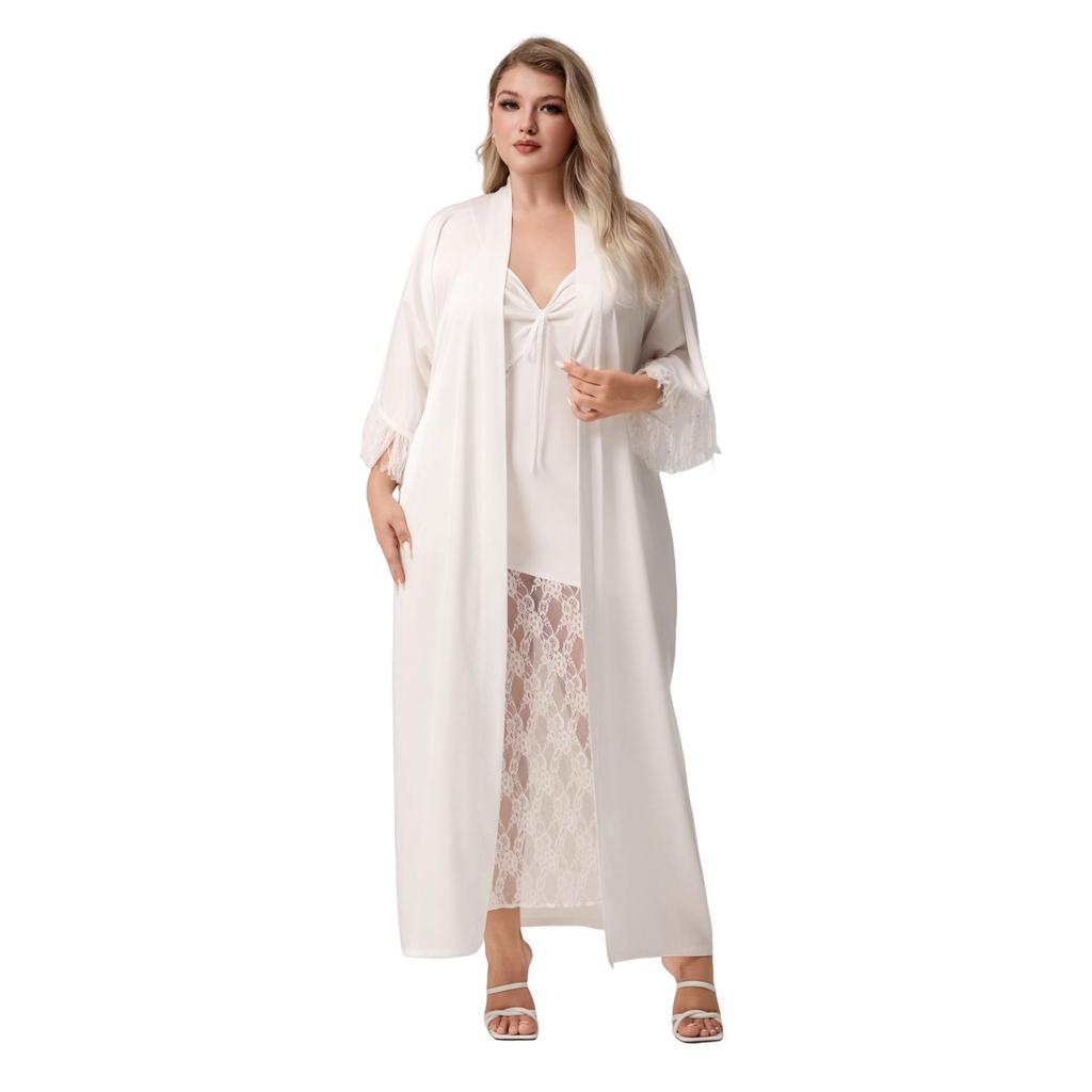 Yaoting Plus Size Satin Chiffon Feather Long Robe Pajamas WP5013