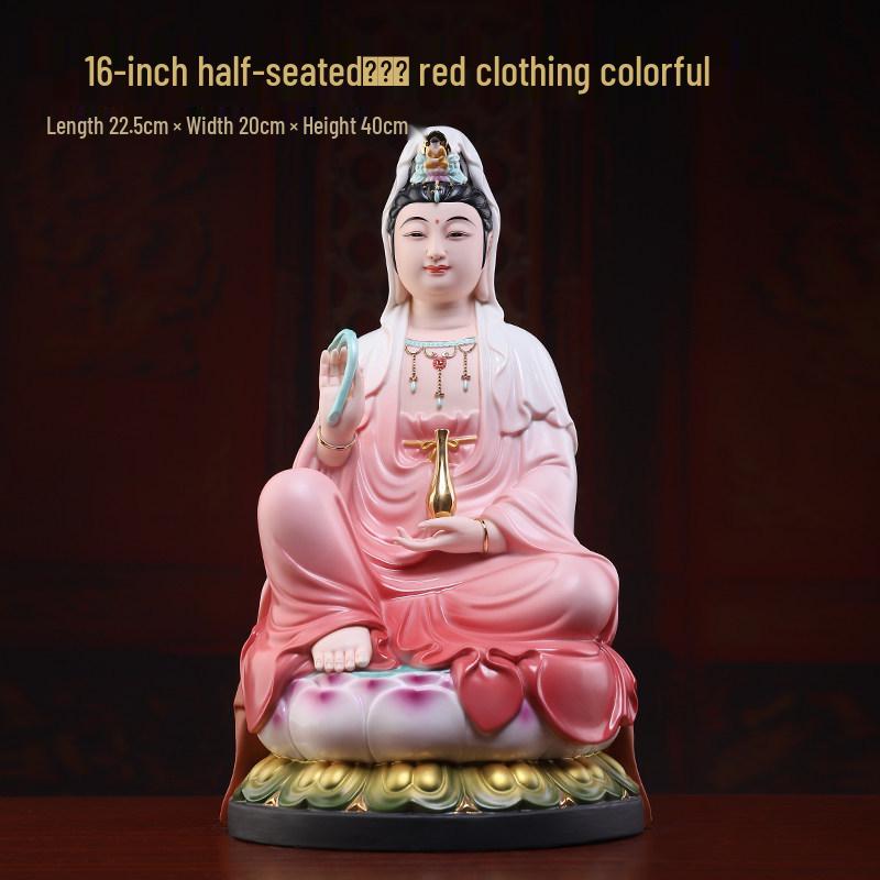 Red Robe Ceramic Guanyin Ornament – Home Worship Bodhisattva Statue for Living Room Decor