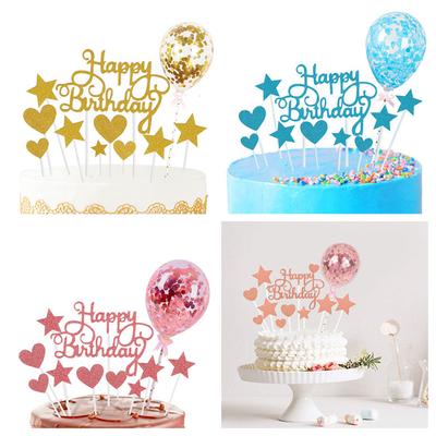 11 szt. Brokatowa Dekoracja Tortu Happy Birthday Urocza Flaga Urodzinowa dla Dzieci Konfetti Balon Toppery na Tort Chłopiec Dziewczynka Baby Shower Ślub Dekoracje Materiały KTY
