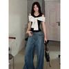 Design Sense Bow Crew Neck Color Matching Off-Shoulder Short Sleeve T-Shirt Women's Summer Chic Unique Slim-fit Versatile Top