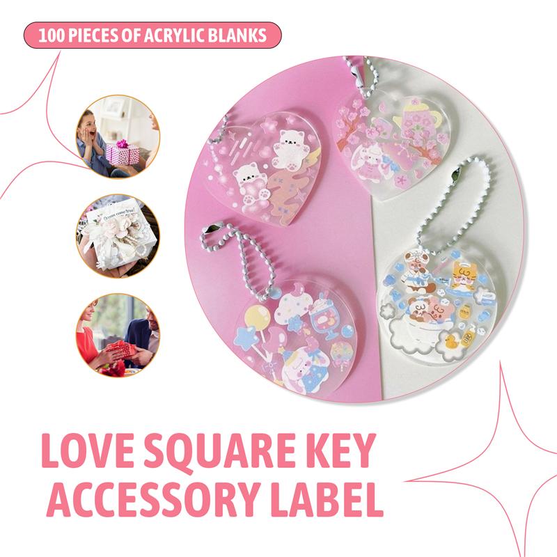 ABWR-100Pcs Acrylic Keychain Blanks Decoration Crafts Round Heart-Shaped Acrylic Blanks Keychain For DIY Keychain And Tags