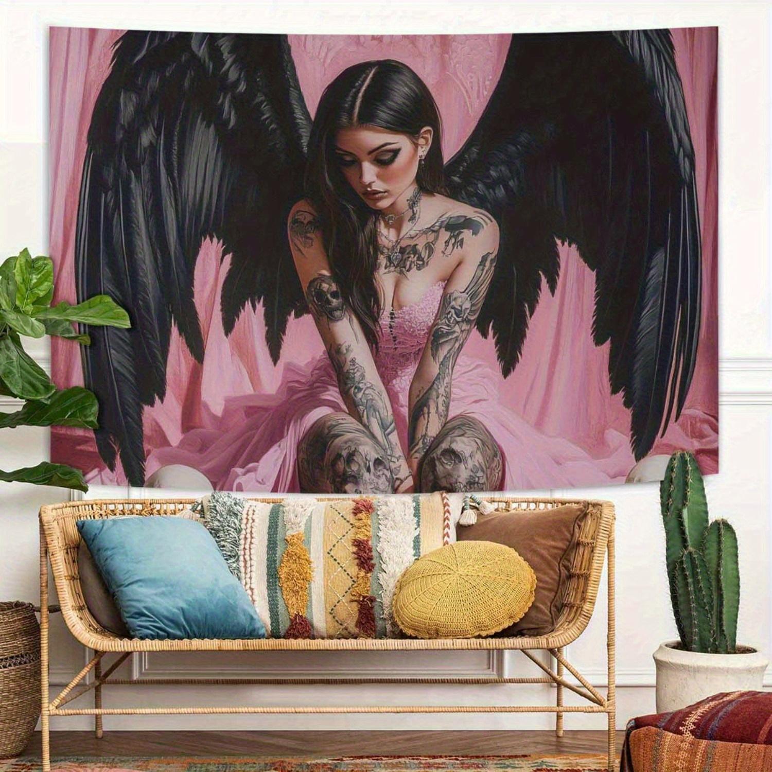

1PC Gothic Angel Wing Tapestry Pink Black Horizontal Wall Hanging Soft Polyester Fabric Goth Art Decor for Bedroom Living Ro 74x94cm(29x37in)