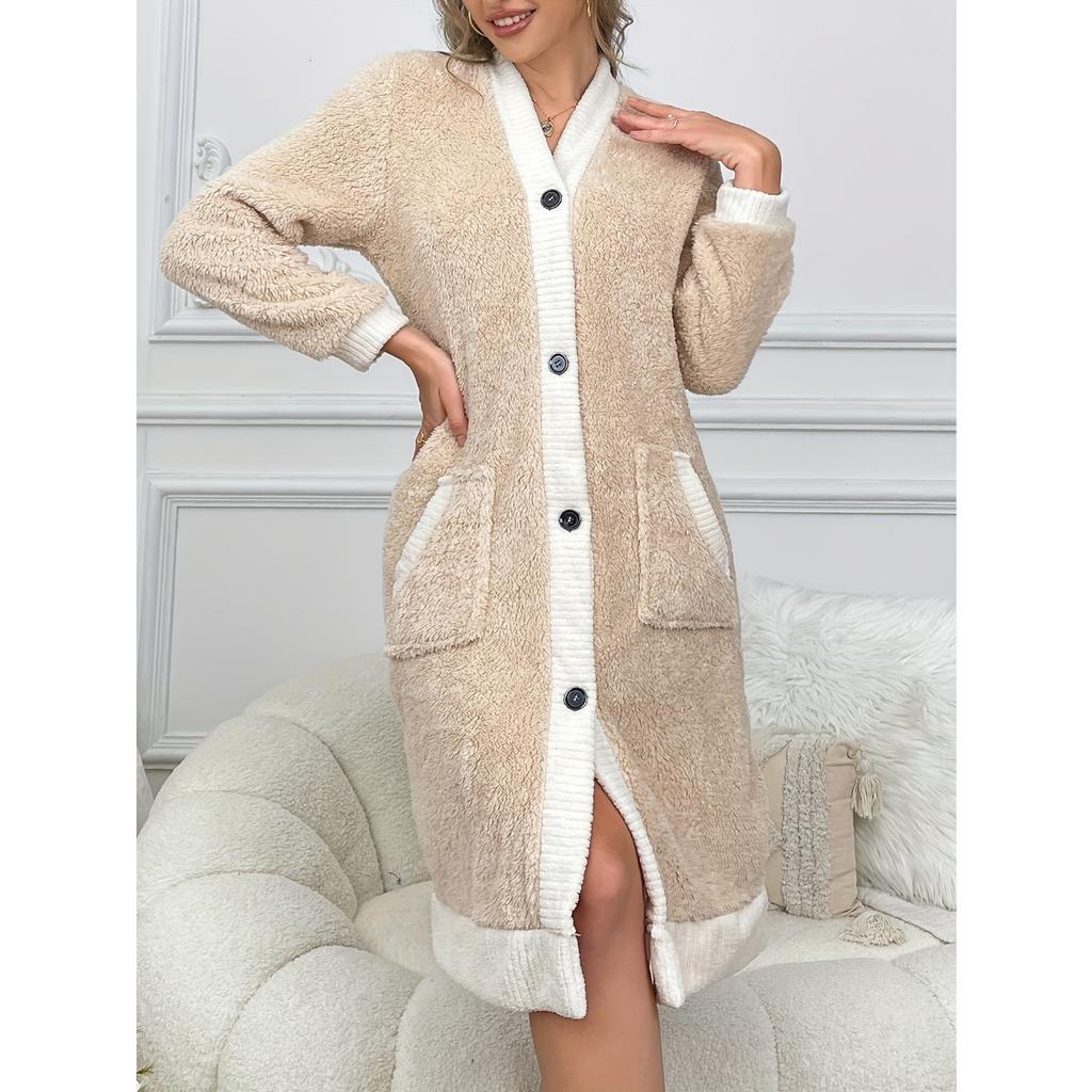Color Block Fleece Thick Nightgown, Long Sleeved Open Top V-neck Nightgown with Pockets, Women's Pajamas and Dresses