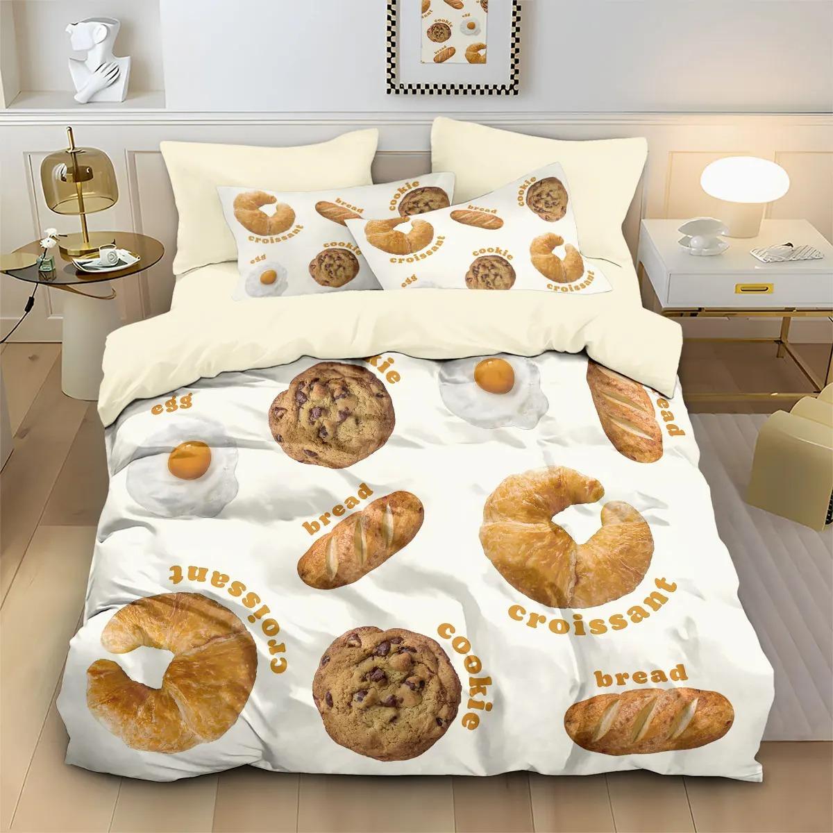 Ensemble de literie imprimé Biscuit Pizza Dessin Animé Housse de couette Taie d'oreiller 2/3 pièces pour Adolescents Garçons Filles set Simple Jumeau Complet Queen King Size 100×135cm