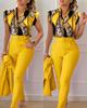 Floral Lotus Leaf Sleeve Top Solid Pants Set Women Casual 2 Piece Outfit with Belt