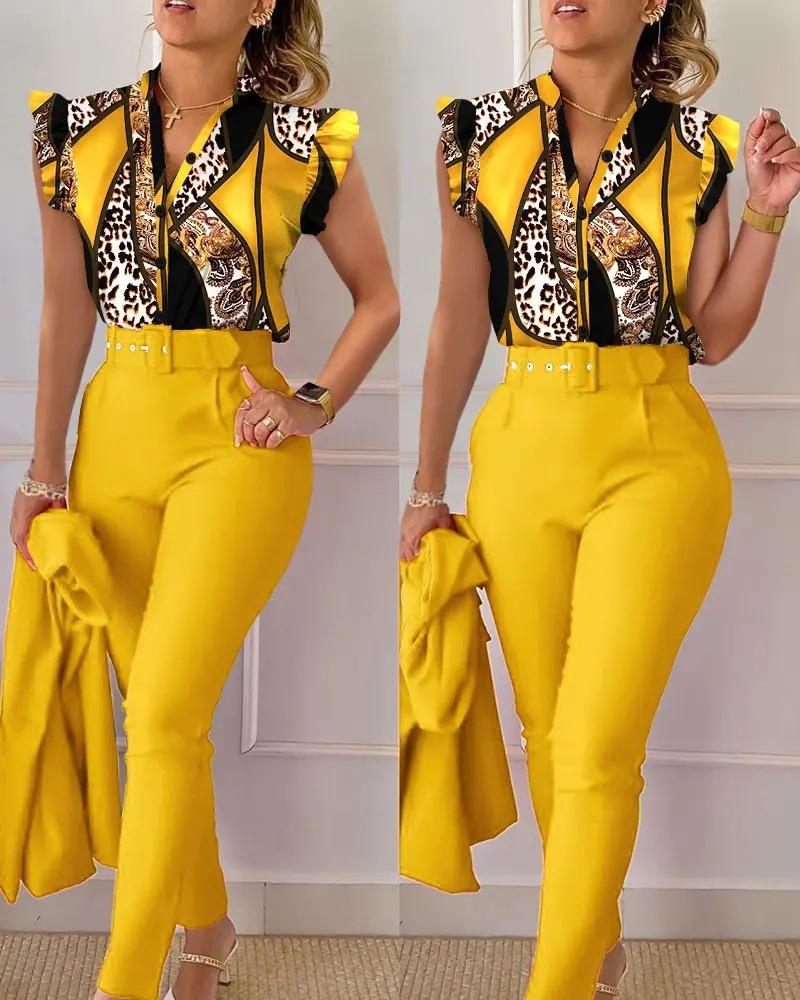 Floral Lotus Leaf Sleeve Top Solid Pants Set Women Casual 2 Piece Outfit with Belt