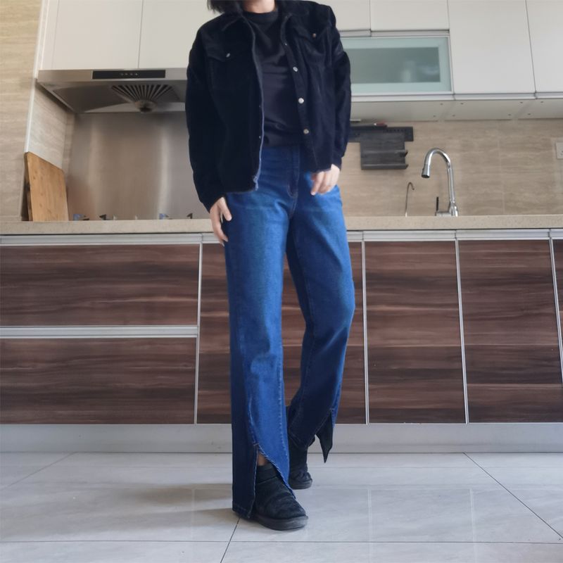 

20% off for 2 Pieces Foreign Trade Original Order Asymmetrical Split Slimming Straight High Waist Dark Blue Smoke Pipe Denim (Ankle-Length Pants) TIME Split Flared Pants 18