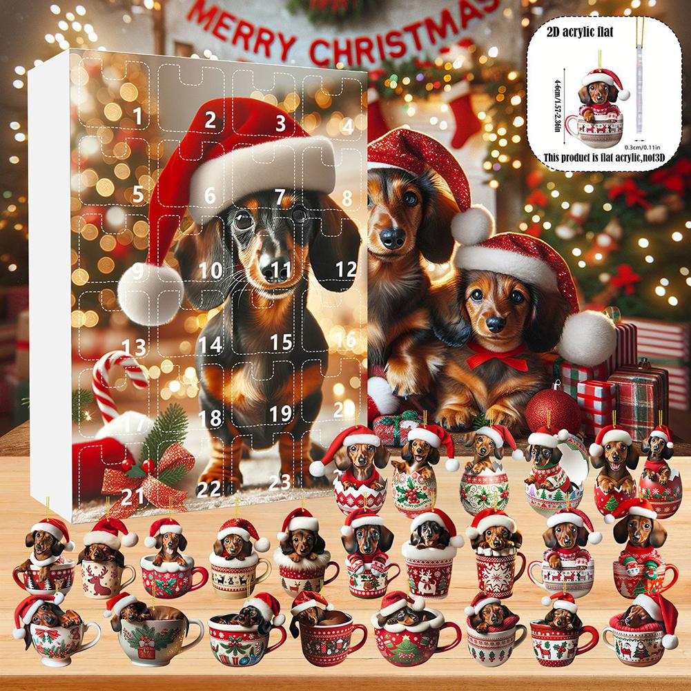 2025 Dachshunds Advent Calendar 2D Acrylic Dachshunds Ornament Christmas Holiday Countdown Calendar Xmas Tree Hanging Pendants