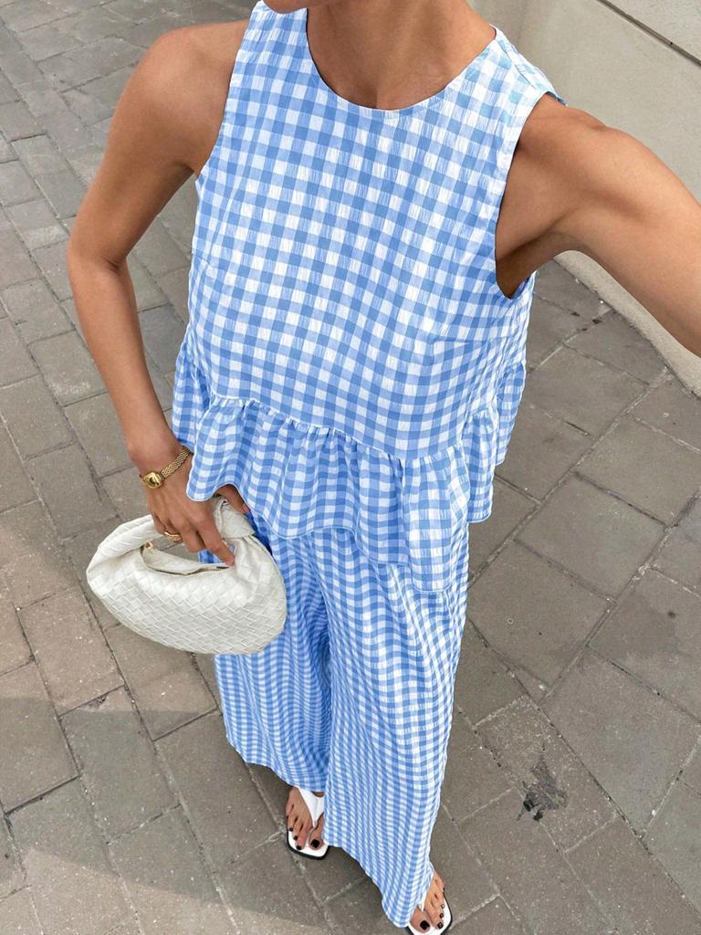 2026 Europe Casual Round Neck Sleeveless Ruffle Hem Top & High Waist Straight Long Pants