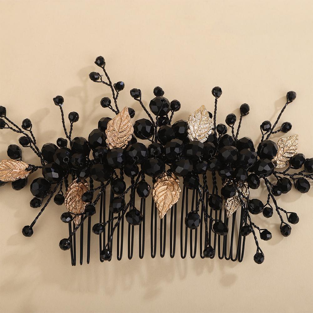 Black Crystal Bridal Hair Comb Handmade Leaf Wedding Hair Accessories Ornaments Trendy Bride Headpiece Tiara for Women and Girls