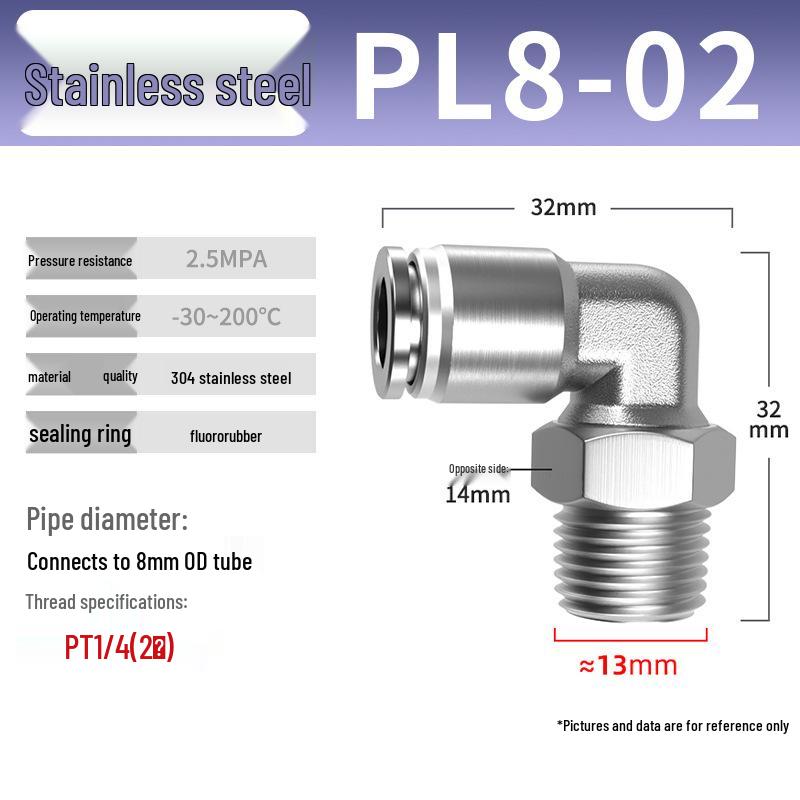 Zhuo Ji 304 Stainless Steel Pneumatic Quick Connect Fittings - PL8-02/4-M5/6-01/10-03 Thread