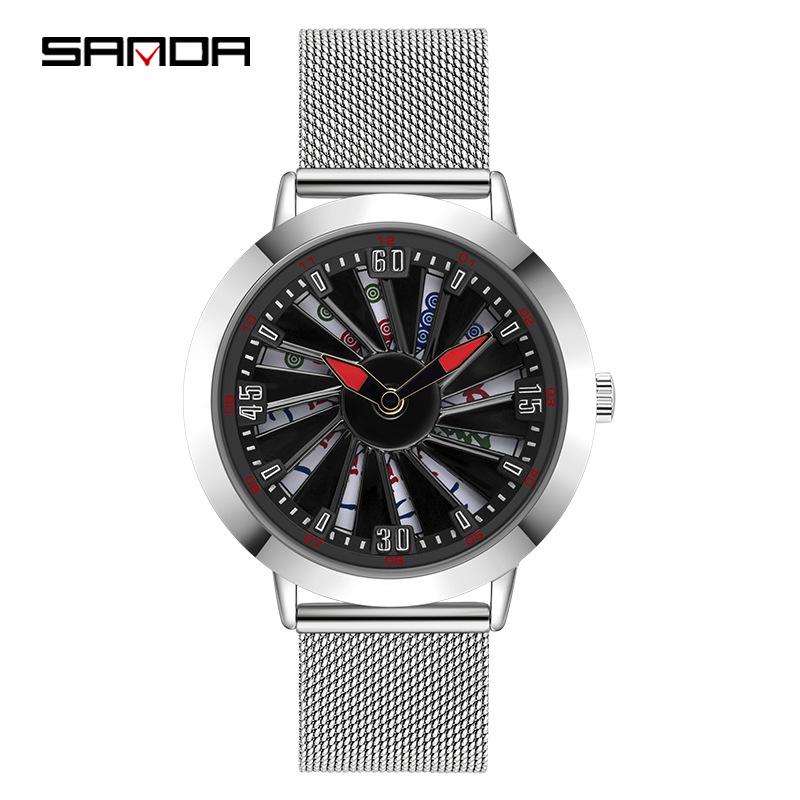 Sanda Men's Creative Rotating Quartz Wristwatch with Mesh Strap