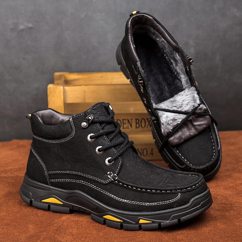 Large size autumn and winter high-top matte leather casual shoes men's top layer cowhide velvet outdoor men's shoes tooling boots