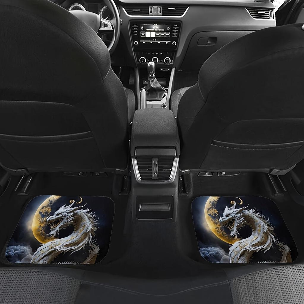 For Most Cars  Non-slip Car Front And Rear Rubber Floor Mats  Sedans 4pcs White Dragon Printed Dirt Resistant Car Floor Mats  SUVs