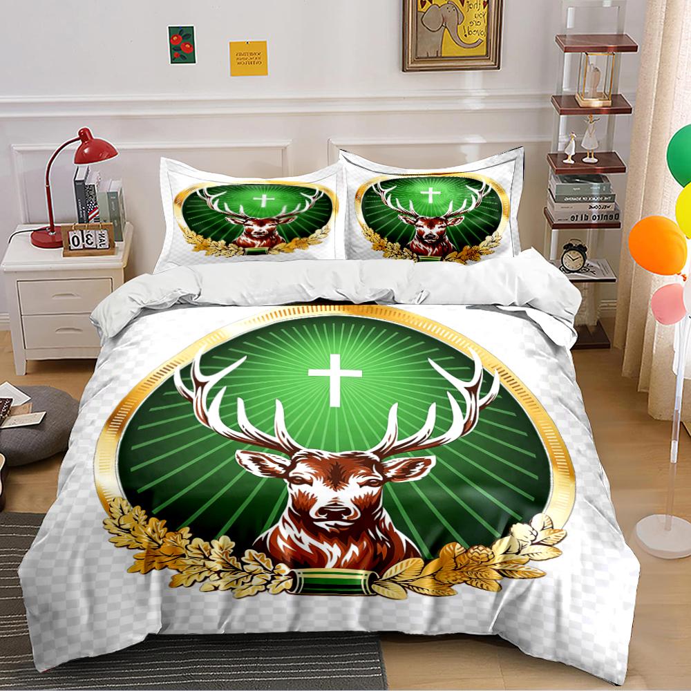Deer Head with Green Cross Design Bedding Bedding set (1 duvet cover, 2 pillowcases, duvet not included) 135x200cm