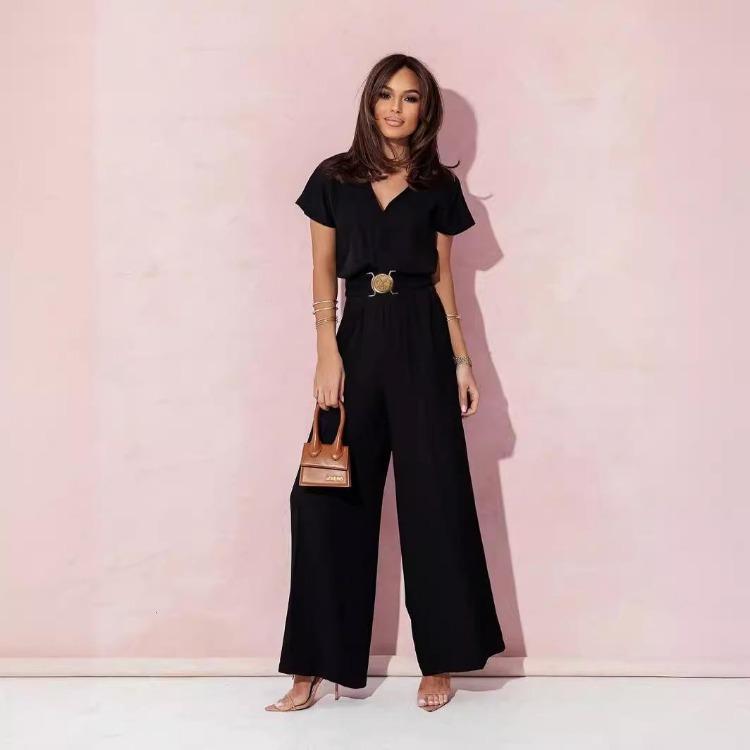 Polka Dot Wide Leg Jumpsuit Sexy Slim Waist Short Sleeve Dolman Neck Solid Color Trousers