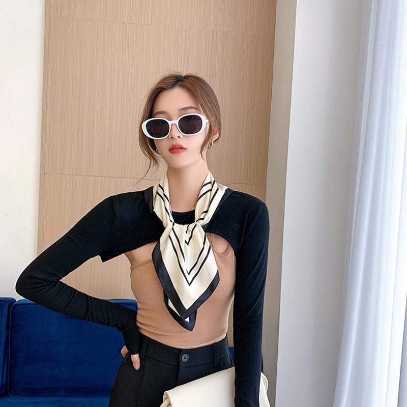 New twill silk niche simple style, classic black and white geometric printing simulation silk square towel sun protection decoration women