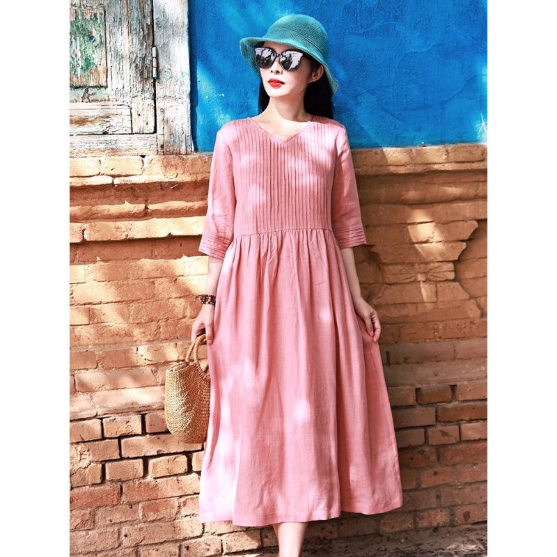 2026 Summer Cotton Linen V-Neck Artistic Long Dress for Women