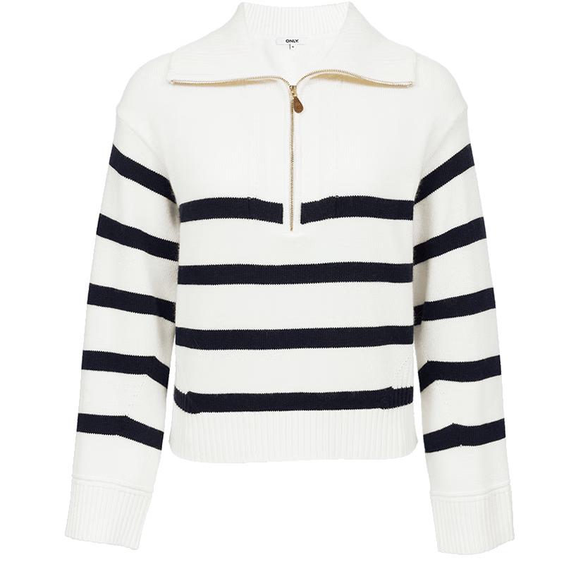 ONLY Women's Relaxed Fit Striped Lapel Knit Sweater
