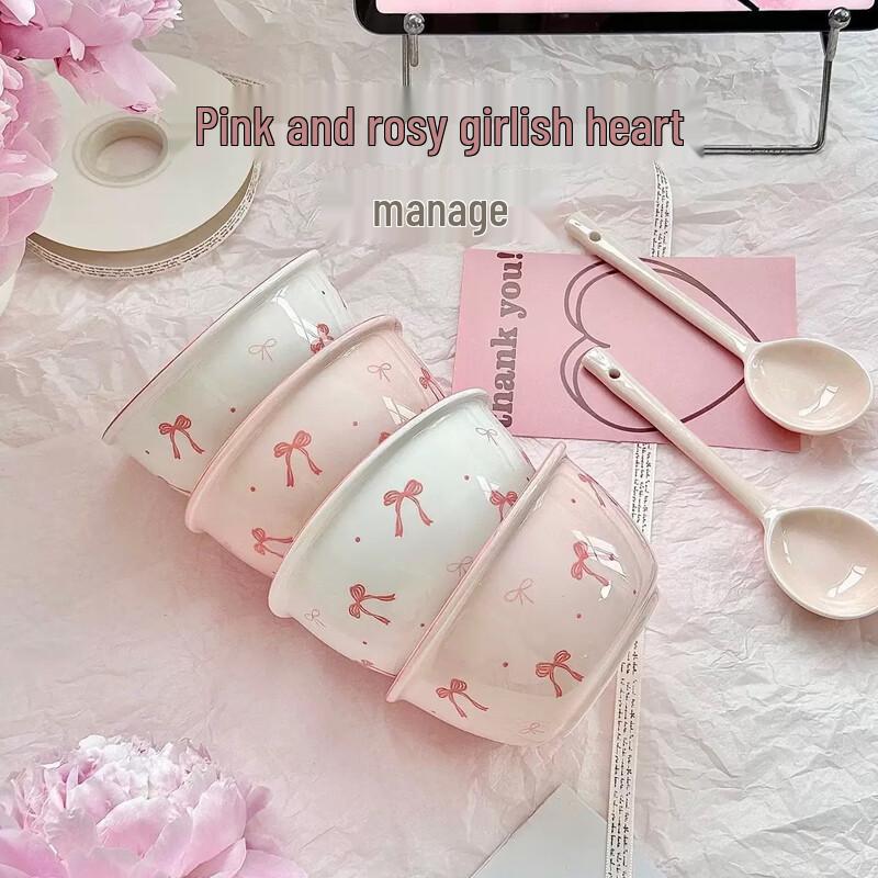 ZISIZ Girly Pink Bow Ceramic Rice Bowl Set