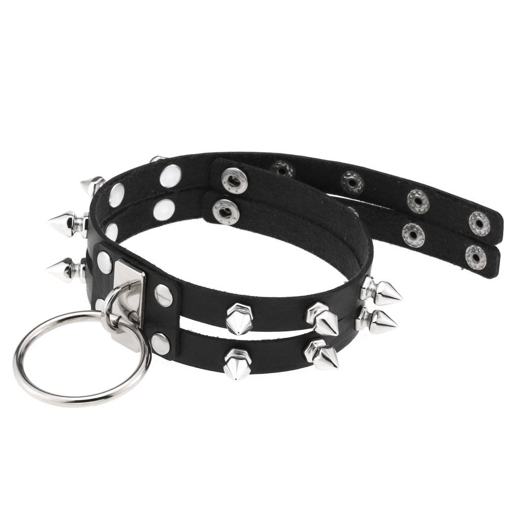Double Line Rivet Spiked Choker, Cool Punk Hanging Ring Faux Leather Neckband