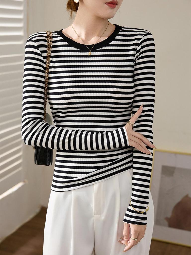 Women's Slim Fit Black & White Striped Long Sleeve Cotton T-shirt - Autumn/Winter 2025