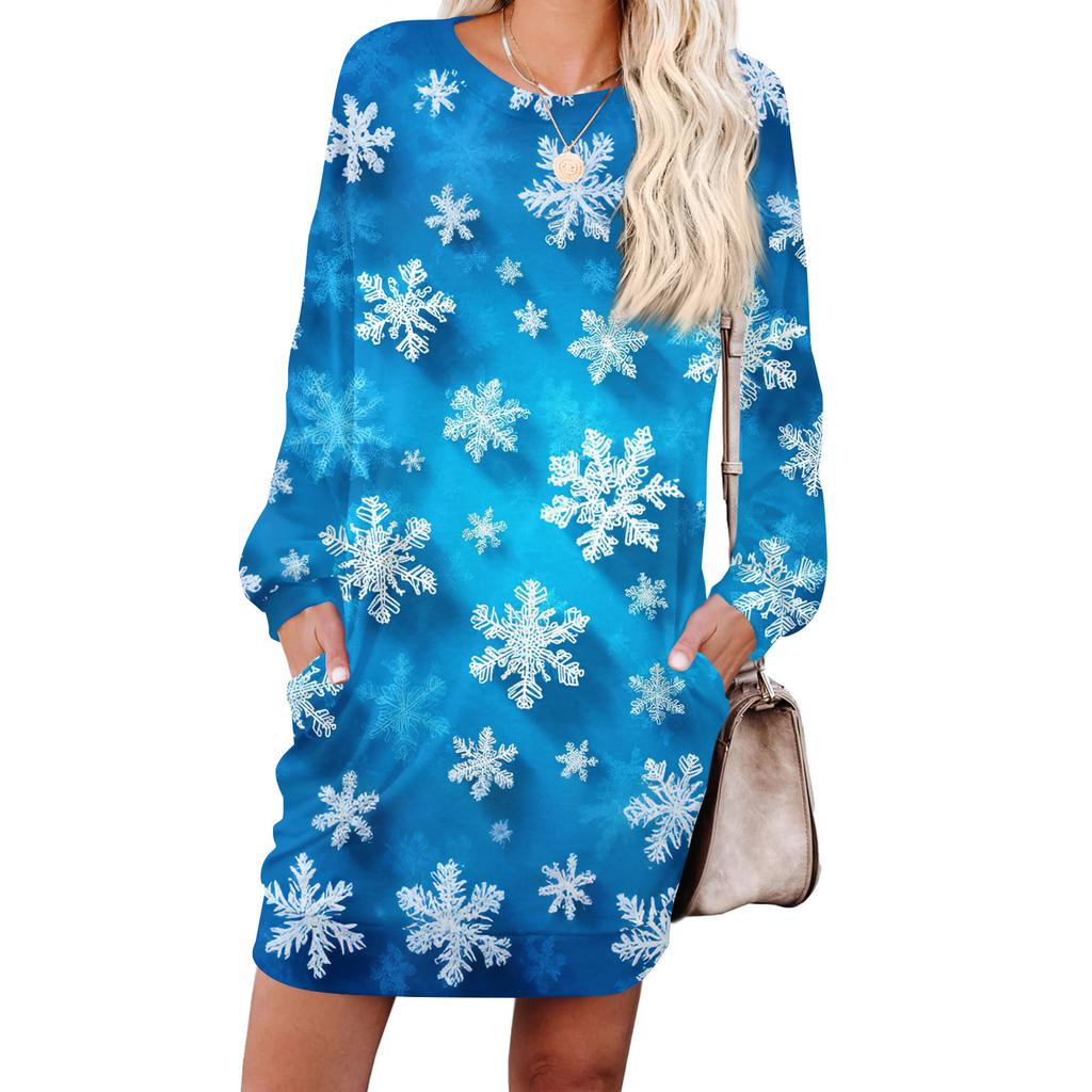 Women's Snowflake Print Fashionable Long-sleeved Round-neck Pocket Dress