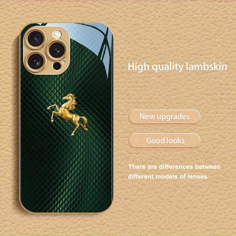 Green Plaid Gold Horse Pattern Metallic Paint Glass Phone Case For iPhone 17 16 15 14 13 12 11 Pro Max 15 Plus 17 Air 16E Cover