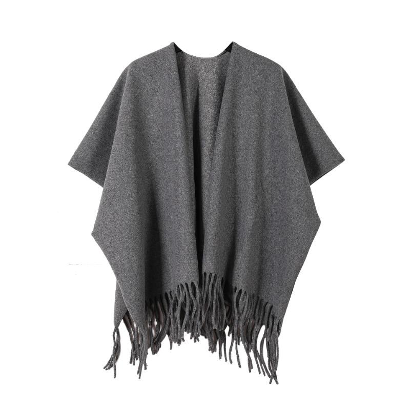 Solid Black Tassel Hem Open Front Poncho Cape Soft Faux Cashmere Wrap Shawl