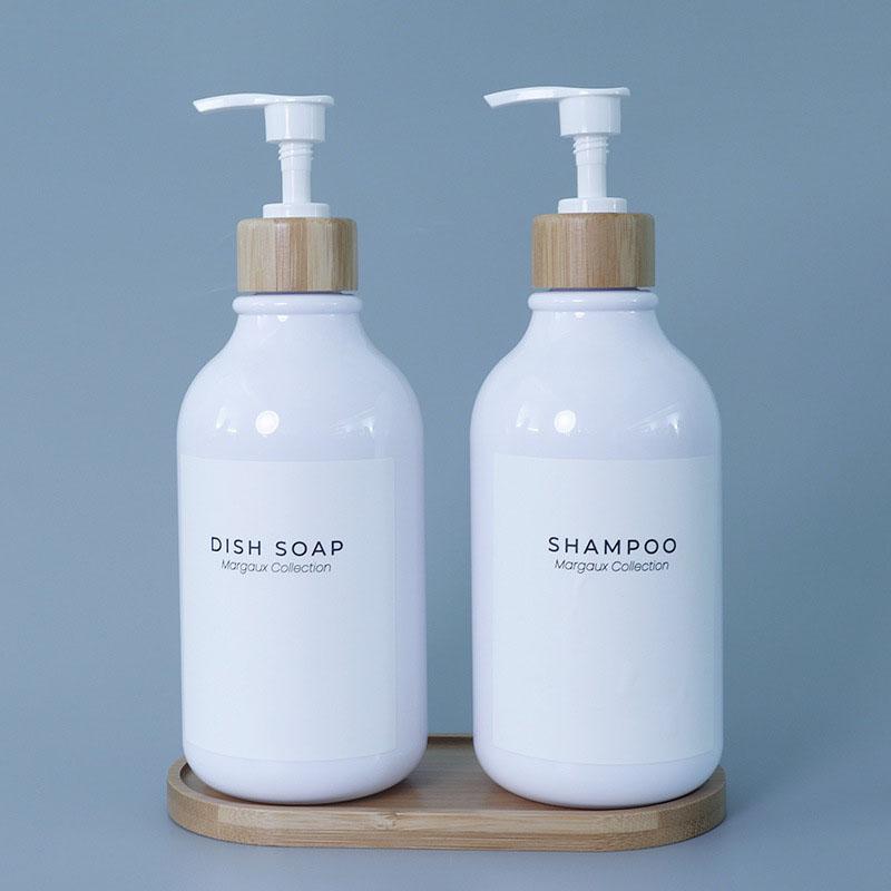 White Soap Dispenser Shampoo Bottl 500ml Bathroom Body Soap Bottle Large-capacity Lotion Bamboo Pump PET Empty Refillable Bottle