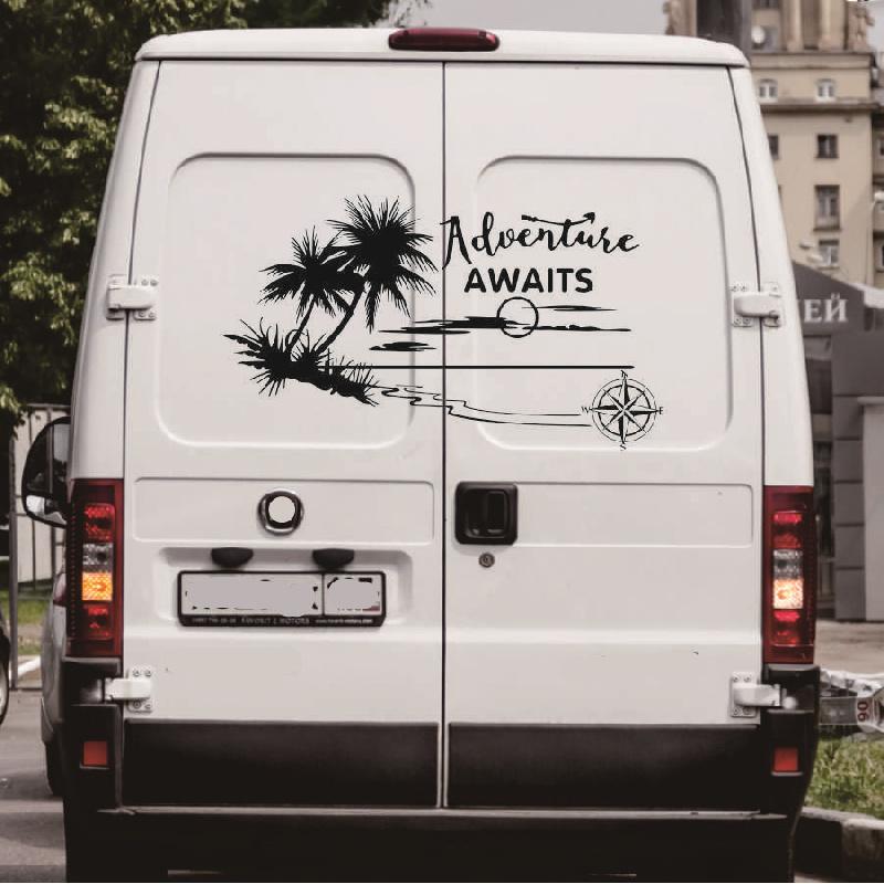 Stripes Graphics (Two side)+Back Body Coconut Tree Style Vinyl Graphics Kit Decals Car Stickers for Caravan Travel Trailer Camper Van