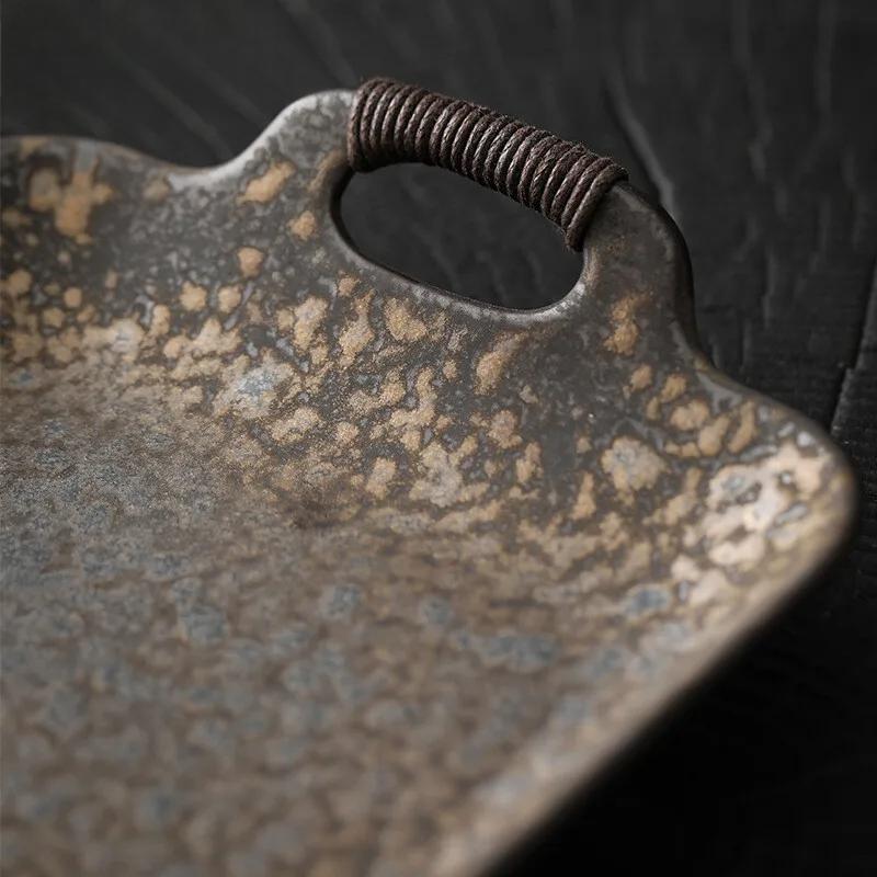 Handmade Gilt Glaze Rectangular Tea Tray Vintage Handle Tea Board Household Dishes for Serving Tableware Supplies Decoration