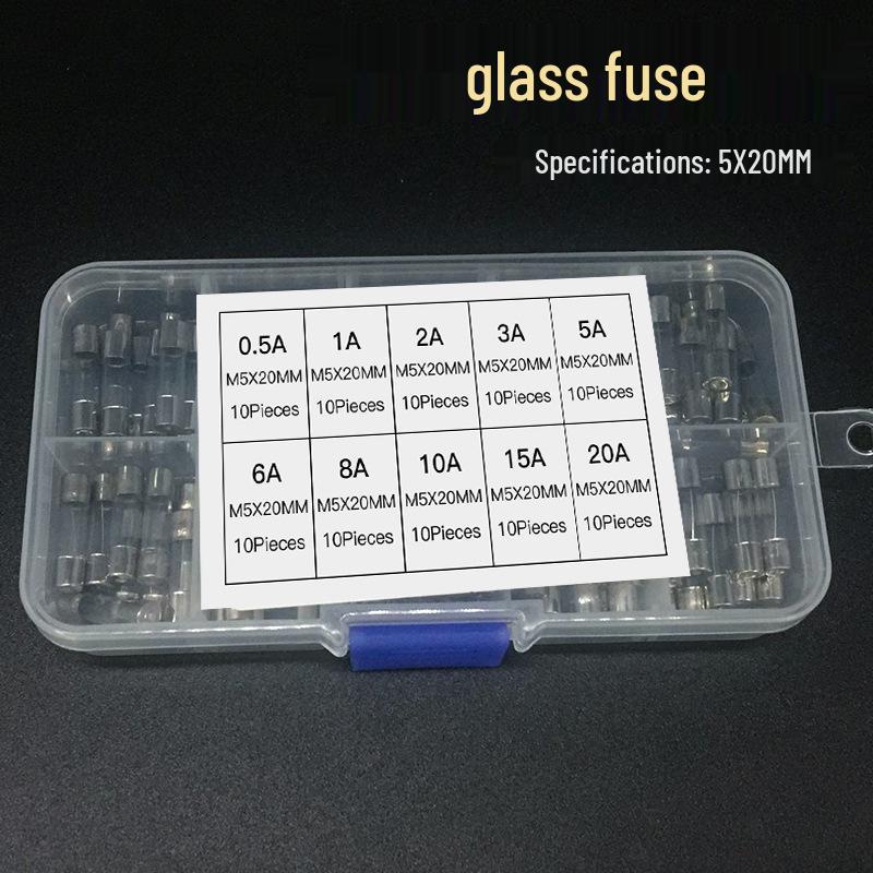 100-Piece Set of 5x20mm Glass Fuses, 0.5A-20A, 10 Variants