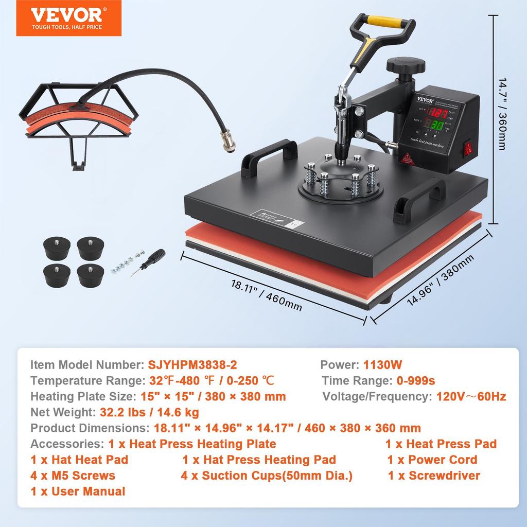 VEVOR Heat Press Machine, 15x15inch / 38x38cm, 2IN1 Clamshell Sublimation Transfer Printer with Teflon Coating, Digital Precise Heat Control