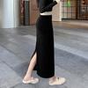 Women's Autumn/Winter Black Velvet Slimming Long Skirt with Thick Lining and Slit