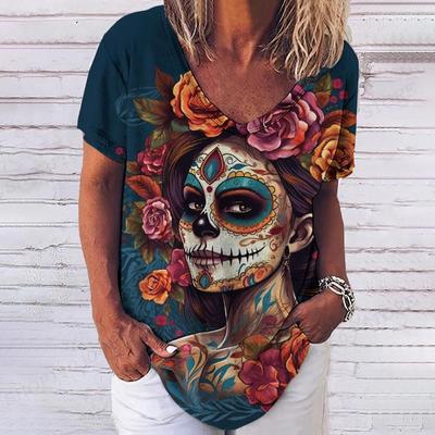 Horror Skulls 3d Print Tshirt Women Fashion T-shirts Vintage Tops Tees Skull Tshirt Ladies Tops V-Neck Tshirt Oversized Clothing