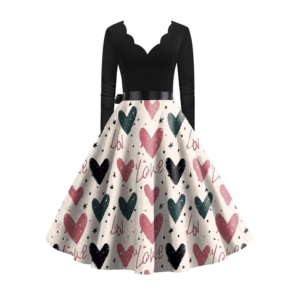 Damska stylowa i elegancka sukienka z długim rękawem, dekoltem w serek w kształcie serca na Walentynki