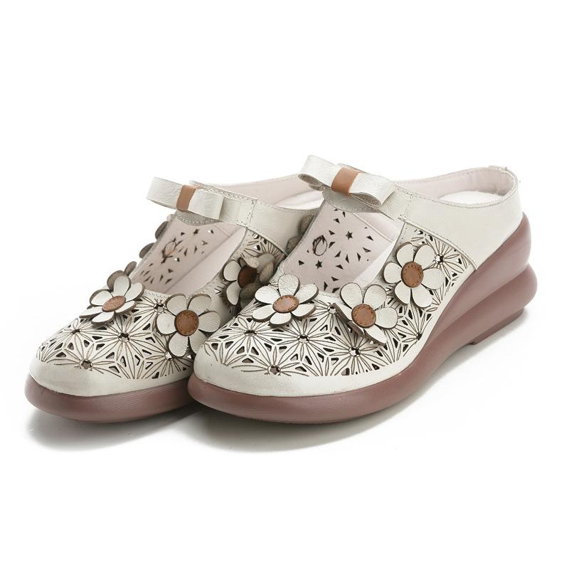 New Summer Top Layer Cowhide Sponge Soles Women's Shoes for Women's National Style Genuine Leather Flowers Slippers Breathable