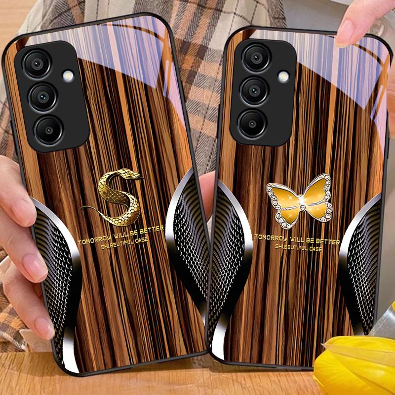 Wood Grain Snake For Samsung Galaxy A15 5G 54 4G 51 50 24 35 90 71 12 51 53 52S 80 22 34 Black Tempered Glass Phone Case