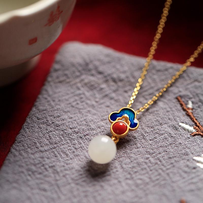 925 Silver Gilded Hetian Jade Enamel Pendant Necklace - Retro Chinese Style
