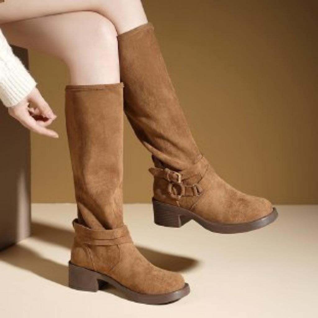 Wasteland wind frosted leather thick heel belt buckle round head western boots women