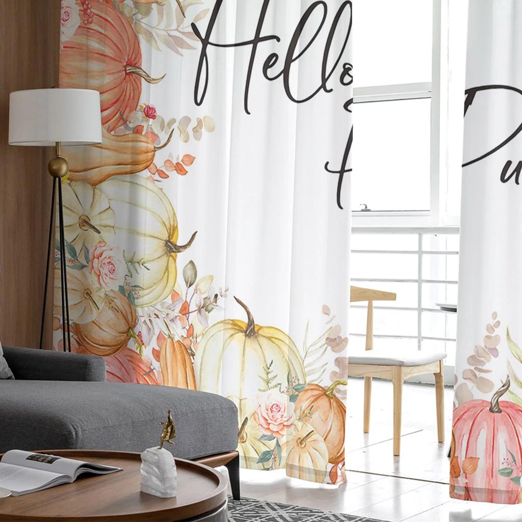 Thanksgiving Pumpkin Flowers Sheer Curtains For Living Room Bedroom Tulle Curtain For Kitchen Voile Curtain Blind Panels