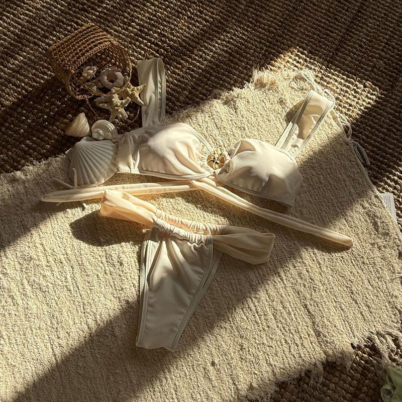 

Сексуальное металлическое кольцо-звезда Бикини с высоким вырезом Женская купальная одежда Женский купальник Комплект бикини из двух частей С подкладкой Купальник для купания L бежевый