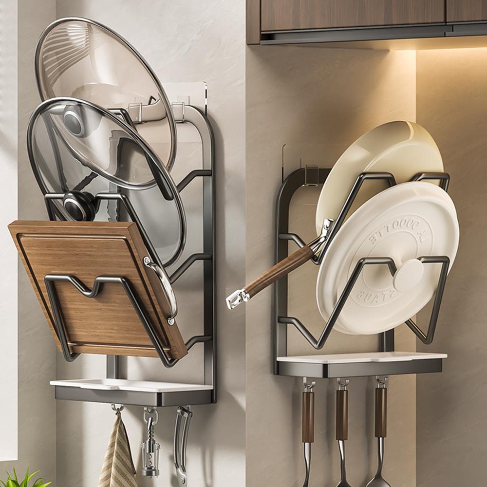 Półka na pokrywki garnków 2/3 poziomu z 3 haczykami, trwała, duża pojemność, regał do przechowywania w kuchni domowej