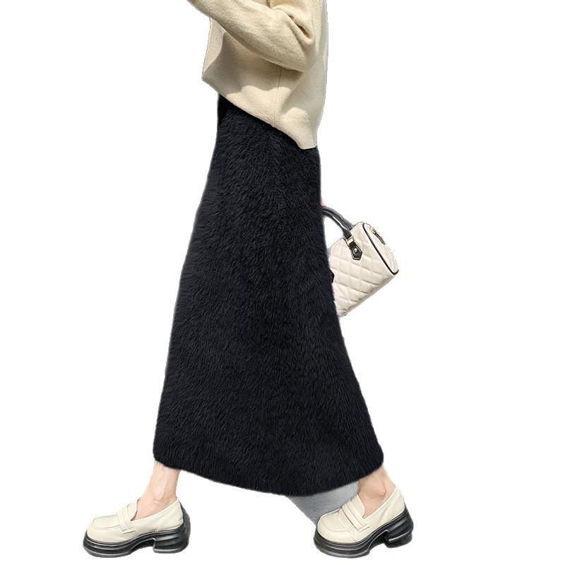 Korean Style Slimming Faux Mink Knit A-Line Midi Skirt for Women - Warm, Winter-Chic
